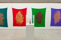 Pamela Rosenkranz, Untouched by the Air of the 21. Century (My Colour Hurts), 2014, series of four acrylic paintings on spandex, PET bottle, silicon, pigments, 200 x 160 cm, photo by Bartosz Stawiarski
