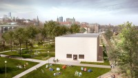 Visualisation of scale and placement of the Museum by the Vistula river pavilion designed by Adolf Krischanitz