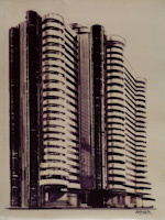 wystawa „PRL™. Eksport architektury i urbanistyki z Polski Ludowej”. Projekt koncepcyjny budynku mieszkalnego w Dubaju (Zjednoczone Emiraty Arabskie) wykonany w firmie ARENCO przez architekta Włodzimierz Kaczmarzyka (1983). 